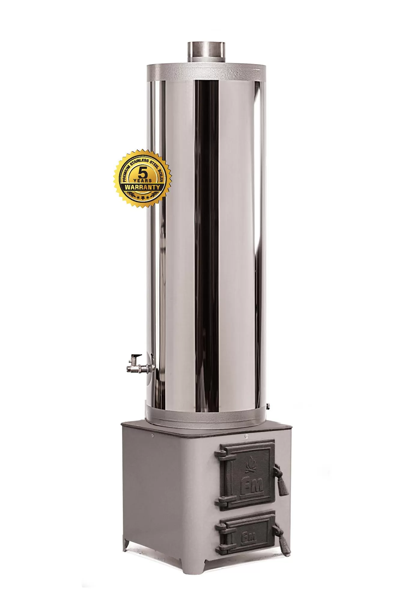 Boiler pe lemne FM Group din inox cu focar cu usi din fonta 90 litri