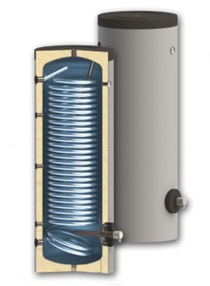 Boiler pentru pompe de caldura, Sunsystem SWPN-2L 200 L, cu o serpentina, pentru conectarea la sisteme solare, de incalzire si sisteme cu pompe de caldura cu multi consumatori