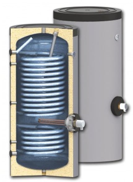 Boiler pentru pentru pompe de caldura Sunsystem SWP 2N 400 litri, cu doua serpentine, pentru conectarea la sisteme solare, de incalzire si sisteme cu pompe de caldura cu multi consumatori