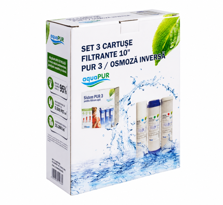 Cartuse filtrare apa Aquapur PUR3, carbune activ granular, pentru sistem filtrare, filtrare compusi organici, imbunatatire gust si miros, 8 l/min, 10 microni, 3 buc/pachet