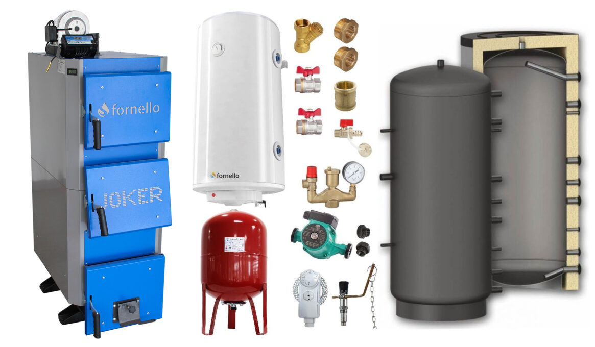 Pachet Cazan (centrala) pe combustibil solid, (lemn, carbune), Fornello Joker 24 kW, Puffer 800 litri, Boiler, Vas Expansiune, Pompa, Fitinguri Montaj 1 Pachet Cazan (centrala) pe combustibil solid, (lemn, carbune), Fornello Joker 24 kW, Puffer 800 litri, Boiler, Vas Expansiune, Pompa, Fitinguri Montaj
