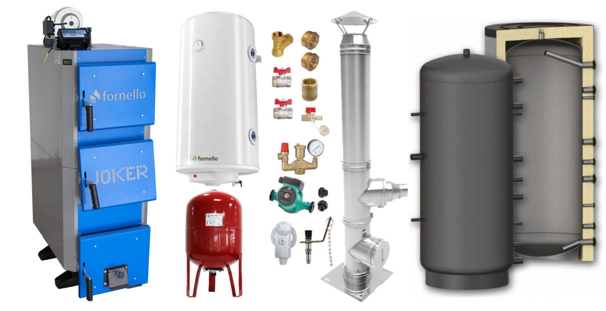 Pachet Cazan (centrala) pe combustibil solid, (lemn, carbune), Fornello Joker 24 kW, Puffer 800 litri, Cos Inox, Boiler, Vas Expansiune, Pompa, Fitinguri Montaj 1 Pachet Cazan (centrala) pe combustibil solid, (lemn, carbune), Fornello Joker 24 kW, Puffer 800 litri, Cos Inox, Boiler, Vas Expansiune, Pompa, Fitinguri Montaj