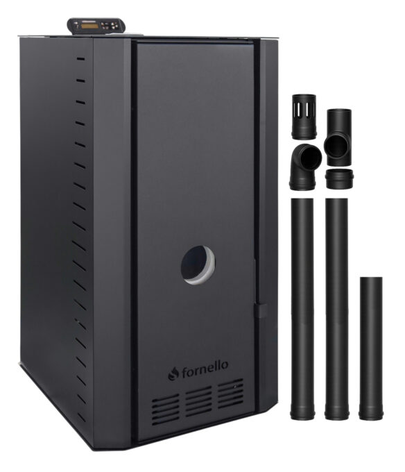 Pachet cazan pe peleti Fornello SERENA B, 25 kw, complet echipat cu pompa de circulatie, vas de expansiune, supapa siguranta, telecomanda, culoare Black, arzator fonta, kit evacuare 2.5 ml, pentru suprafete pana la 150 mp