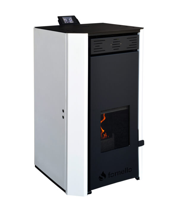 Termosemineu pe peleti Fornello EVA 25 KW, pompa circulatie, vas expansiune, WI-FI, buncar, tiraj fortat, recomandat pentru 160 mp, Alb