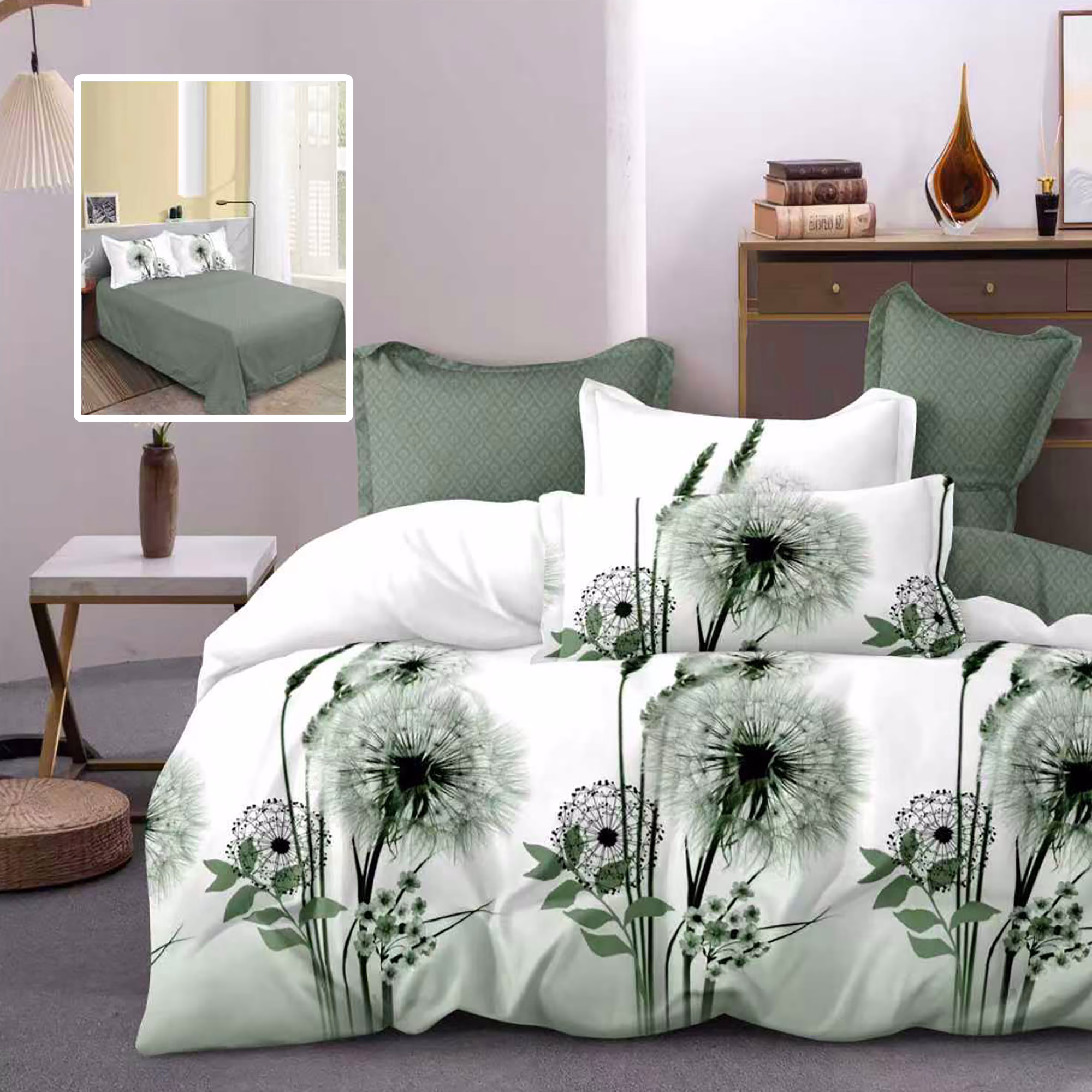 Lenjerie de pat finet 6 piese, cearceaf pat clasic, cearceaf pilota 200x230, 2 fete perna 50x70, 2 fete perna 70x70, Extra, Papadie verde