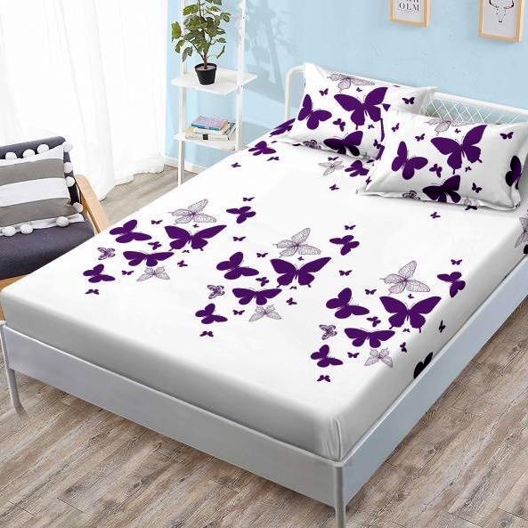 (OFERTA 3 la 159 Lei) Cearsaf cu elastic, FINET, 180x200cm, 2 fete de perne 50x70cm, Mov, fluturi