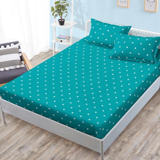 (OFERTA 3 la 159 Lei) Cearsaf cu elastic, FINET, 180x200cm, 2 fete de perne 50x70cm, Turquoise, stelute