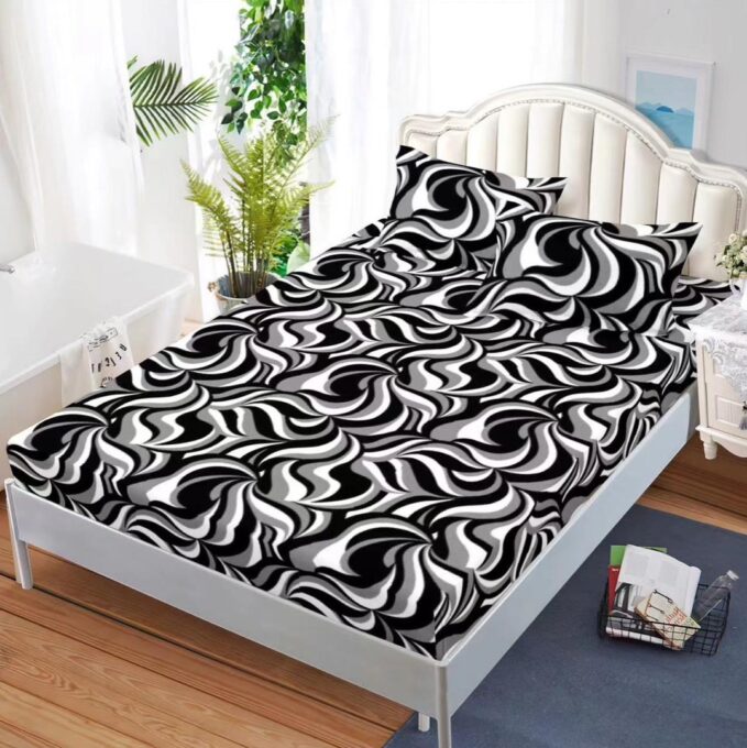 (OFERTA 3 la 159 Lei) Cearsaf cu elastic, FINET, 180x200cm, 2 fete de perne 50x70cm, Gri-Negru, abstract