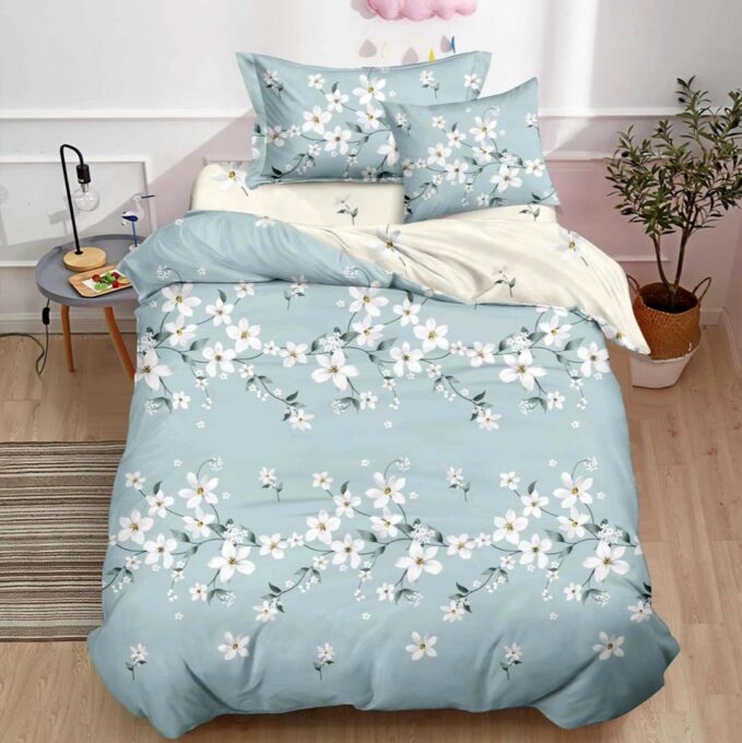 (OFERTA TRIO) Lenjerie pat 1 PERSOANA,  FINET, 4 piese, cu ELASTIC, Bleu, flori