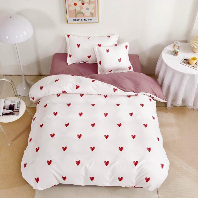 (OFERTA TRIO) Lenjerie pat 1 PERSOANA,  FINET, 4 piese, cu ELASTIC, Alb-Roz, inimioare