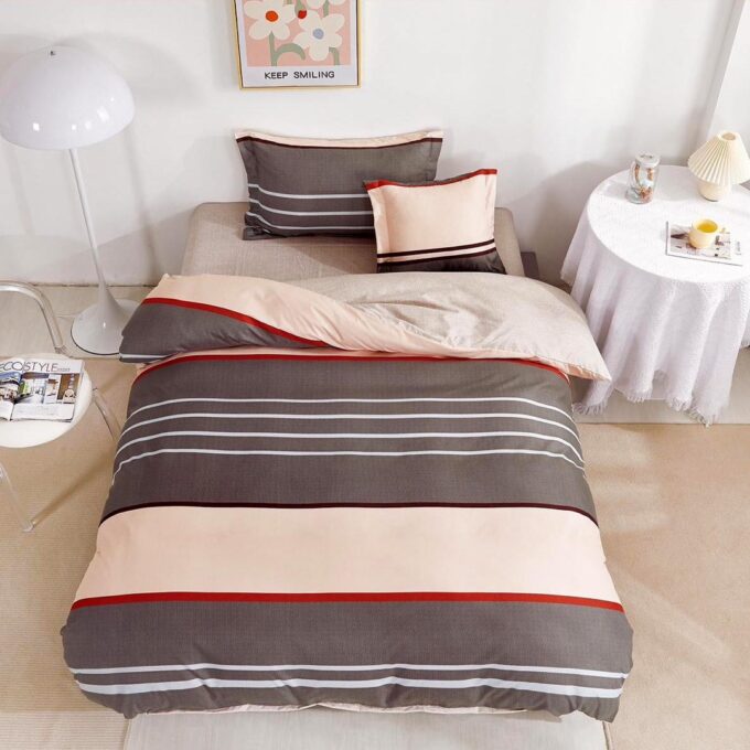 (OFERTA TRIO) Lenjerie pat 1 PERSOANA,  FINET, 4 piese, cu ELASTIC, Maro, dungi