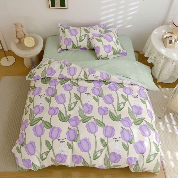 (OFERTA TRIO) Lenjerie pat 1 PERSOANA, FINET, 4 piese, cu ELASTIC, Verde-Lila, lalele, iepurasi