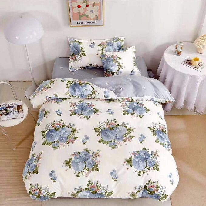 (OFERTA TRIO) Lenjerie pat 1 PERSOANA,  FINET, 4 piese, cu ELASTIC, Gri, flori