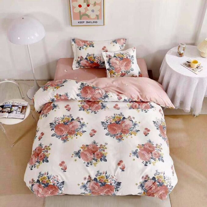 (OFERTA TRIO) Lenjerie pat 1 PERSOANA,  FINET, 4 piese, cu ELASTIC, Roz pudra, flori