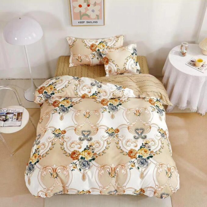 (OFERTA TRIO) Lenjerie pat 1 PERSOANA,  FINET, 4 piese, cu ELASTIC, Bej, flori