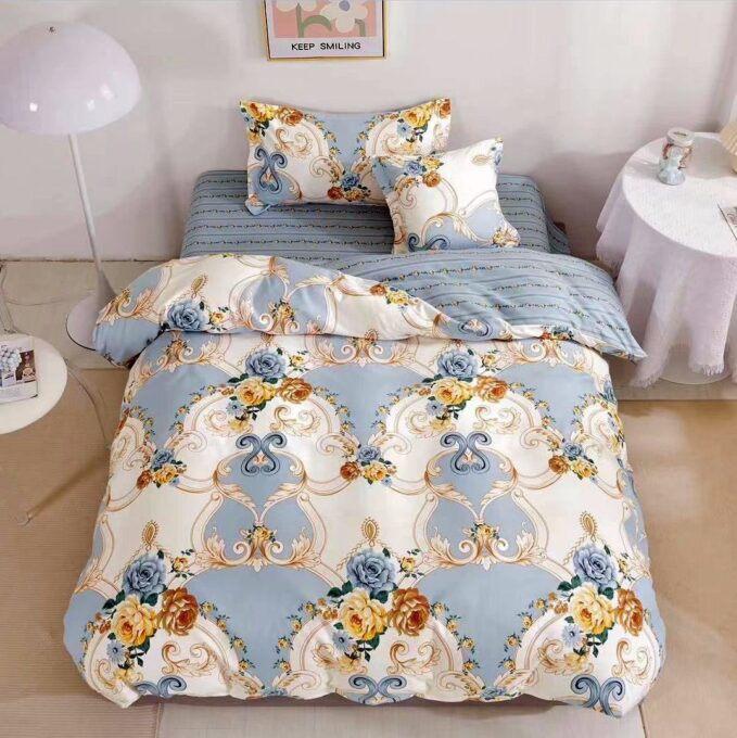 (OFERTA TRIO) Lenjerie pat 1 PERSOANA,  FINET, 4 piese, cu ELASTIC, Bleu, flori