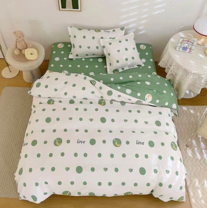 (OFERTA TRIO) Lenjerie pat 1 PERSOANA, FINET, 4 piese, cu ELASTIC, Verde, buline