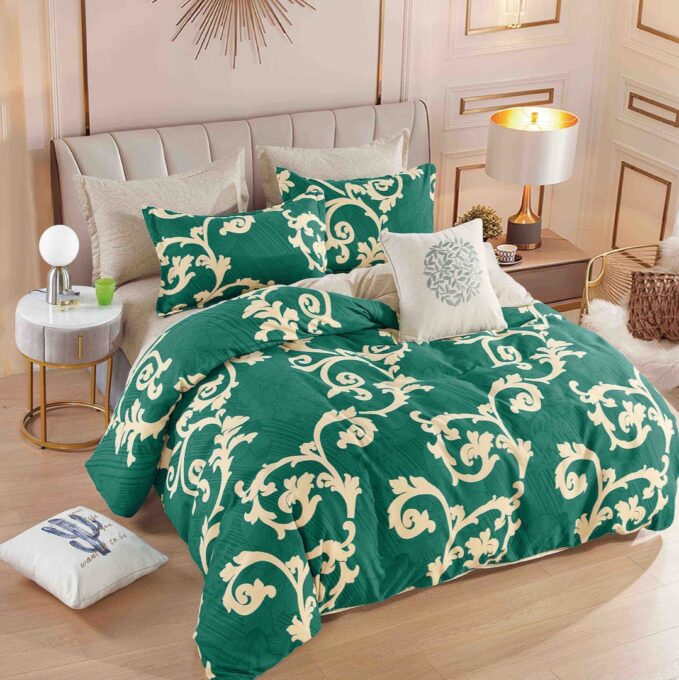 Lenjerie pat dublu, FINET, 6 piese, cu ELASTIC, Jojo Home, Verde, model oriental 1 Lenjerie pat dublu, FINET, 6 piese, cu ELASTIC, Jojo Home, Verde, model oriental