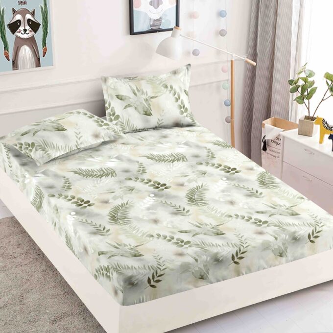 Cearsaf cu elastic, Bumbac FINET, 160/180x200cm, 2 fete de perne 50x70cm, Jojo Home, Verde, frunze 1 Cearsaf cu elastic, Bumbac FINET, 160/180x200cm, 2 fete de perne 50x70cm, Jojo Home, Verde, frunze