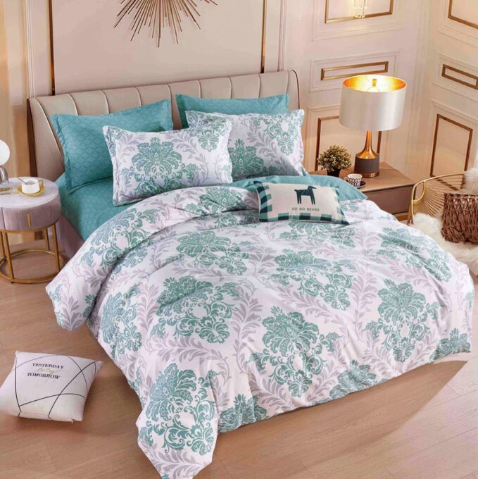 Lenjerie pat dublu, FINET, 6 piese, cu ELASTIC, Jojo Home, Turquoise, model oriental 1 Lenjerie pat dublu, FINET, 6 piese, cu ELASTIC, Jojo Home, Turquoise, model oriental