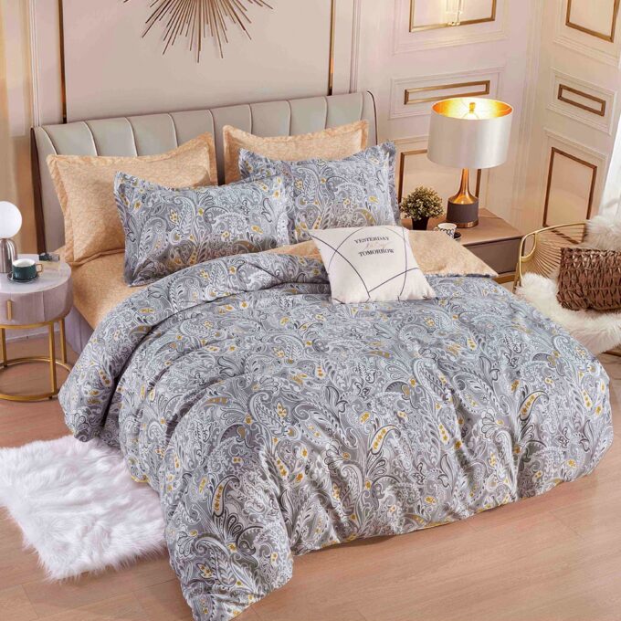 Lenjerie pat dublu, FINET, 6 piese, Jojo Home, Gri, model floral 1 Lenjerie pat dublu, FINET, 6 piese, Jojo Home, Gri, model floral