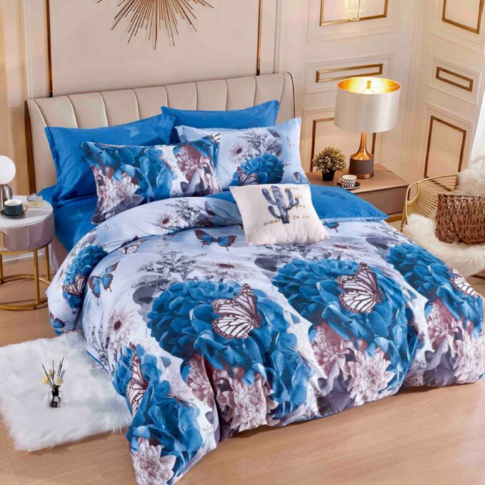 Lenjerie pat dublu, FINET, 6 piese, cu ELASTIC, Jojo Home, Albastru, flori, fluturi 1 Lenjerie pat dublu, FINET, 6 piese, cu ELASTIC, Jojo Home, Albastru, flori, fluturi