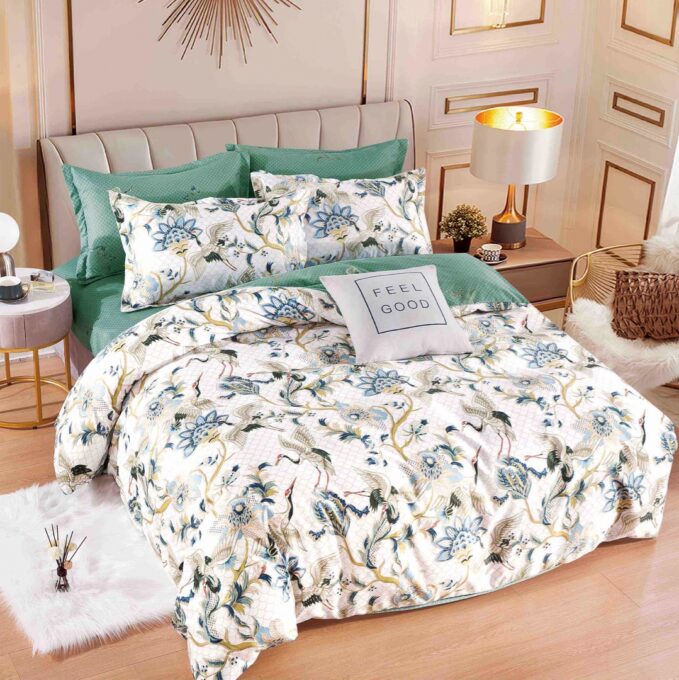 Lenjerie pat dublu, FINET, 6 piese, cu ELASTIC, Jojo Home, Verde, flori 1 Lenjerie pat dublu, FINET, 6 piese, cu ELASTIC, Jojo Home, Verde, flori