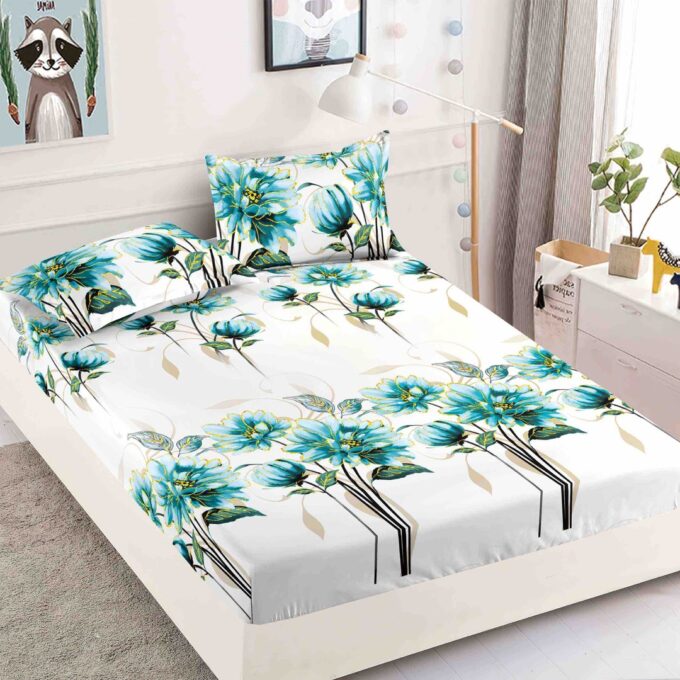 Cearsaf cu elastic, Bumbac FINET, 160/180x200cm, 2 fete de perne 50x70cm, Jojo Home, Turquoise, flori 1 Cearsaf cu elastic, Bumbac FINET, 160/180x200cm, 2 fete de perne 50x70cm, Jojo Home, Turquoise, flori