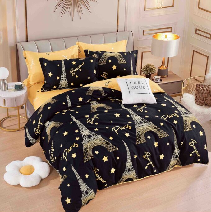 Lenjerie pat dublu, FINET, 6 piese, cu ELASTIC, Jojo Home, Negru, Turnul Eiffel, Paris, stelute 1 Lenjerie pat dublu, FINET, 6 piese, cu ELASTIC, Jojo Home, Negru, Turnul Eiffel, Paris, stelute