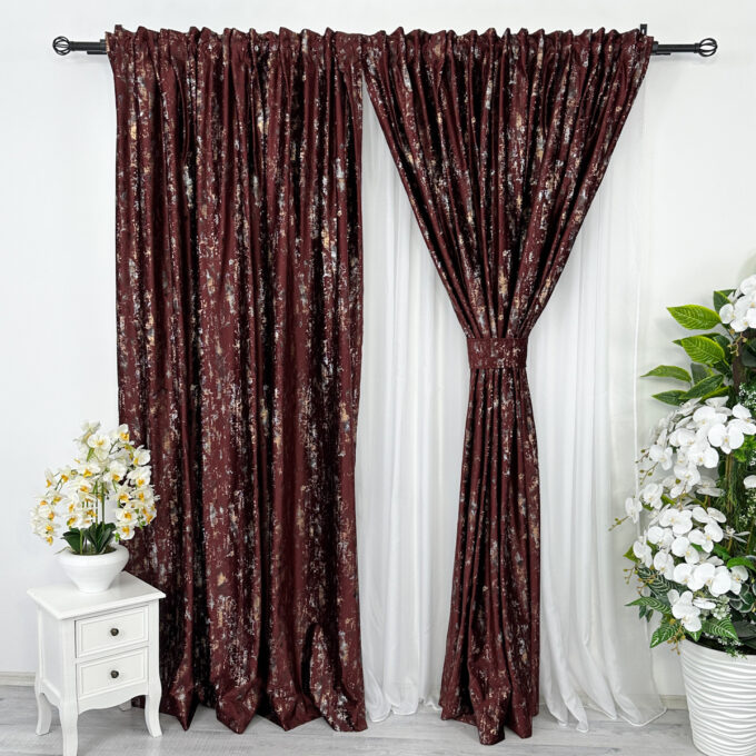 Set 2 Draperii Catifea CRETA cu insertii aurii - 200cm x 232cm ,Rejansa pt. bara ,  Visiniu - V10