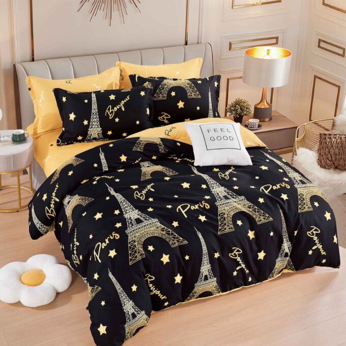 Lenjerie pat dublu, FINET, 6 piese, Jojo Home, Negru, Galben, Turnul Eiffel 1 Lenjerie pat dublu, FINET, 6 piese, Jojo Home, Negru, Galben, Turnul Eiffel