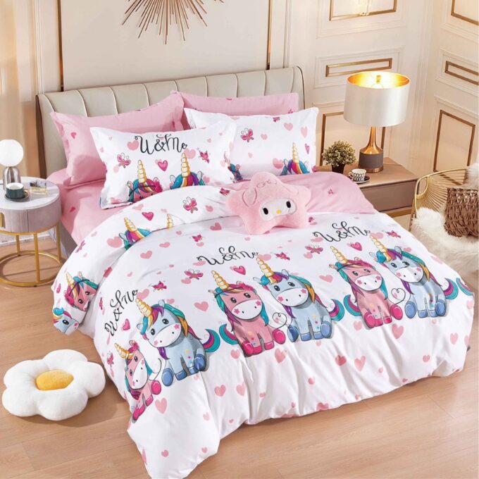 Lenjerie pat dublu, FINET, 6 piese, Jojo Home, Alb, Multicolor, unicorni 1 Lenjerie pat dublu, FINET, 6 piese, Jojo Home, Alb, Multicolor, unicorni