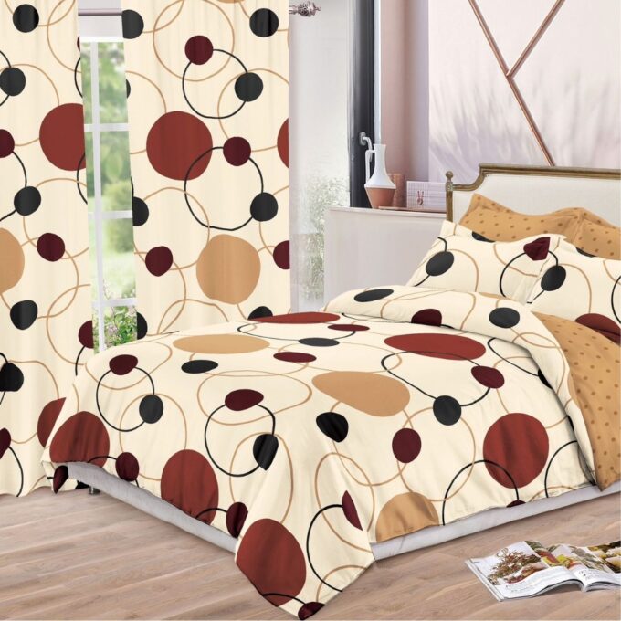 Set Lenjerie pat dublu (140x200cm, 160x200cm, 180x200cm) + 2 draperii, finet, 8 piese, Crem, Maro, cercuri, buline