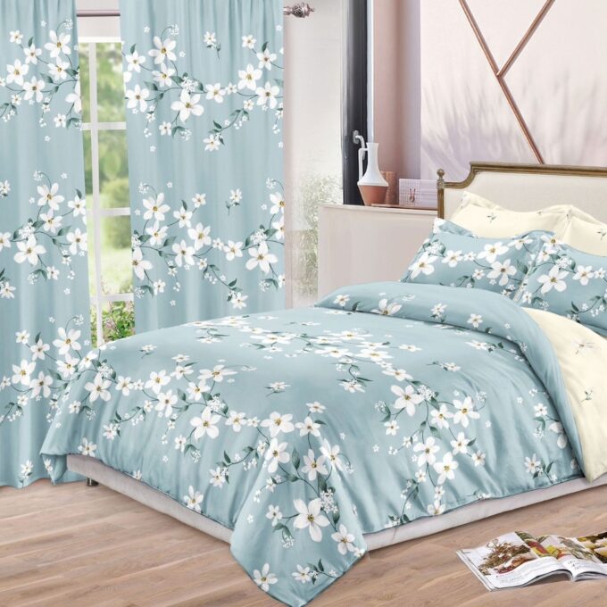 Set Lenjerie pat dublu (140x200cm, 160x200cm, 180x200cm) + 2 draperii, finet, 8 piese, Bleu, flori