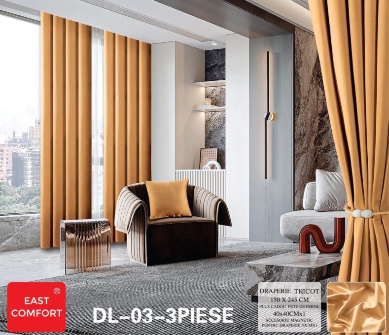 Draperie din Tercot Luxury, cu inele incastrate, East Confort,150x245cm, cu Snur Magnetic si Fata de Perna Decorativa – Calitate Premium pentru Confortul Tau, Mustar