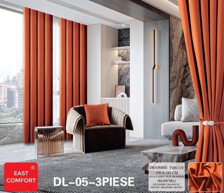 Draperie din Tercot Luxury, cu inele incastrate, East Confort,150x245cm, cu Snur Magnetic si Fata de Perna Decorativa – Calitate Premium pentru Confortul Tau, Portocaliu