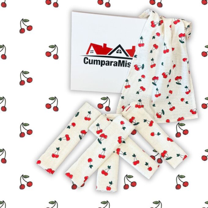 Set de 6 Prosoape Waffle, 30x50cm, pentru Bucatarie, Bumbac 100% Gofre, Atelier CumparaMisim, Alb, Rosu, cirese