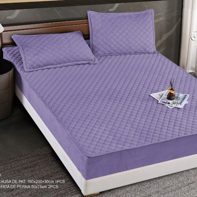 Husa Matlasata Tip Topper din Catifea 160x200cm, cu 2 Fete de Perna 50x70cm -  Somn Odihnitor si Sustinere pentru Spate, Mov