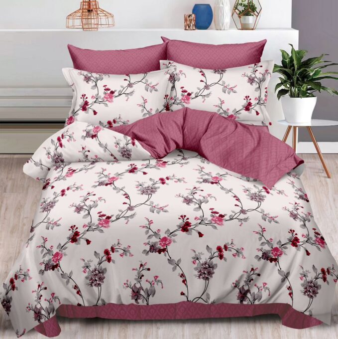 Lenjerie pat dublu cu ELASTIC, Finet, 6 piese, Roz, flori 1 Lenjerie pat dublu cu ELASTIC, Finet, 6 piese, Roz, flori