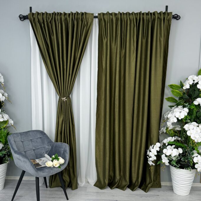 Set 2 Draperii Soft Touch, cu Aspect Fin si Tenta Satinata, 140cm latime x 260cm inaltime, cu TIV LAT, Verde Kaki