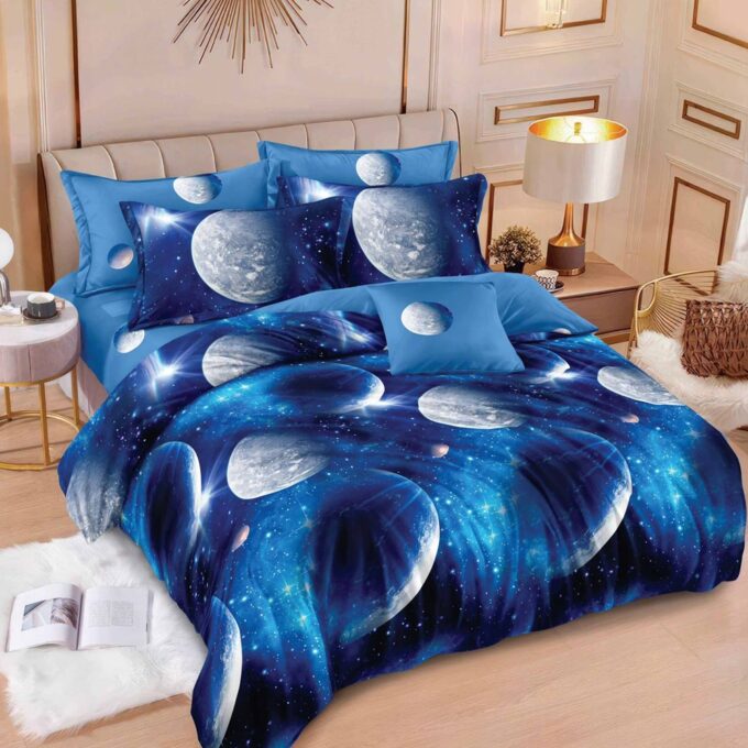 Lenjerie pat dublu, Finet, 6 piese, Albastru, planete, spatiu cosmic