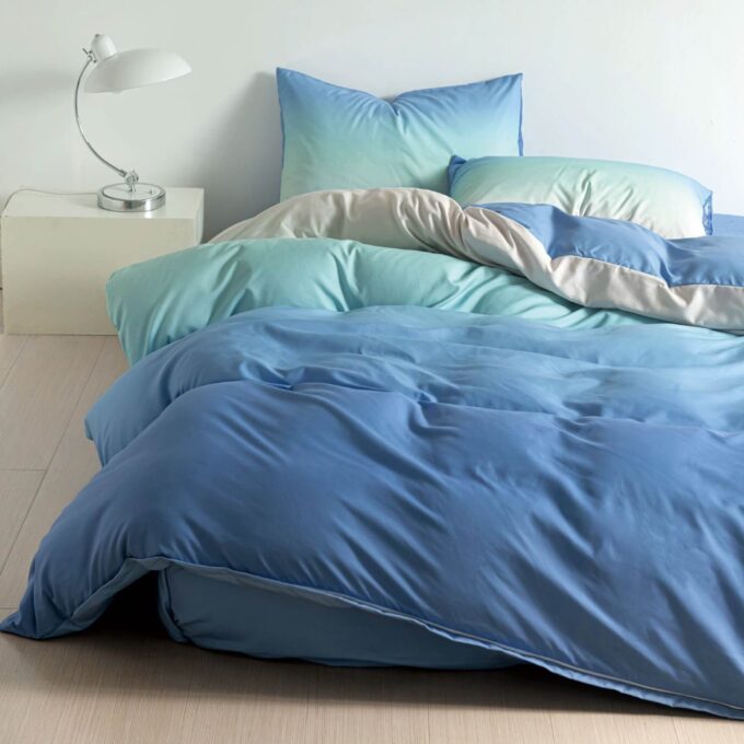 (OFERTA TRIO) Lenjerie pat 1 PERSOANA,  FINET, 4 piese, cu ELASTIC, Bleu, degrade