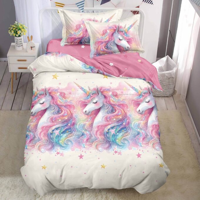 (OFERTA TRIO) Lenjerie pat 1 PERSOANA,  FINET, 4 piese, cu ELASTIC, Alb, Roz, unicorni fantasy