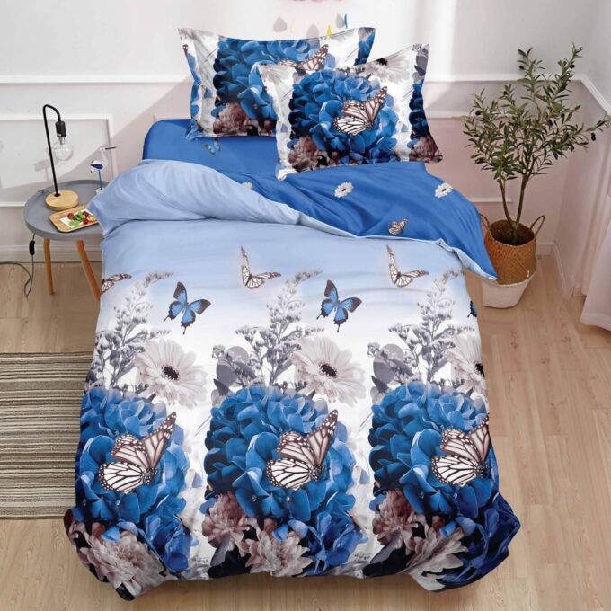 (OFERTA TRIO) Lenjerie pat 1 PERSOANA,  FINET, 4 piese, cu ELASTIC, Albastru, fluturi, flori