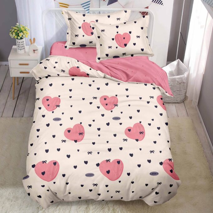 (OFERTA TRIO) Lenjerie pat 1 PERSOANA,  FINET, 4 piese, cu ELASTIC, Crem, Roz, inimioare