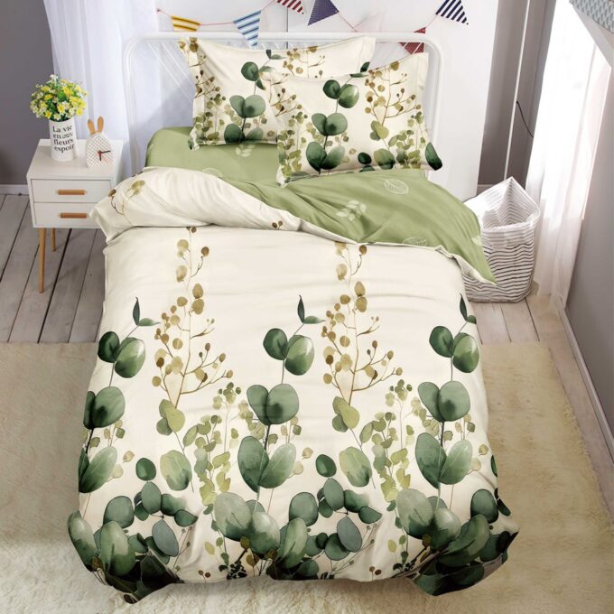 Lenjerie pat 1 PERSOANA, FINET, 4 piese, Crem, Verde, flori 1 Lenjerie pat 1 PERSOANA, FINET, 4 piese, Crem, Verde, flori