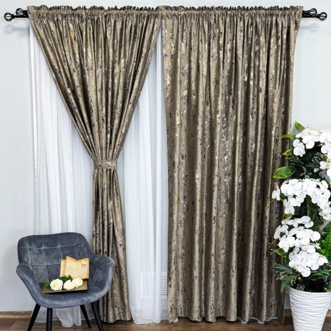 Draperie Catifea CRETA cu insertii aurii, 140cm latime x 260cm inaltime, cu TIV LAT, Cappuccino - NEW 6