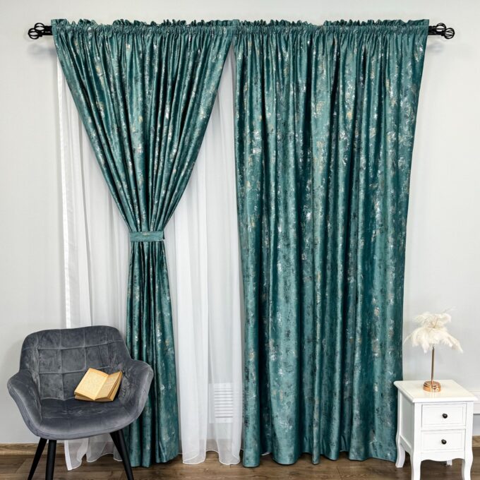 Draperie Catifea Asama cu insertii aurii, 140cm latime x 260cm inaltime, cu TIV LAT, Aqua - V9