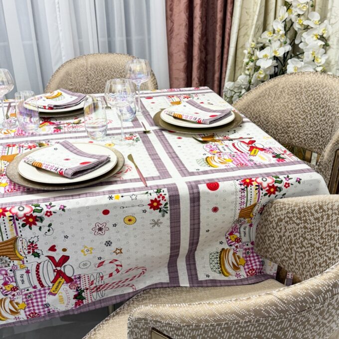 Set Fata de Masa din Bumbac Imprimat cu 6 Servetele – Eleganta si Calitate pentru Mese Perfecte, Alb, Holiday 1 Set Fata de Masa din Bumbac Imprimat cu 6 Servetele – Eleganta si Calitate pentru Mese Perfecte, Alb, Holiday