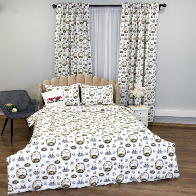 Set Lenjerie Pat Dublu 4 Piese + 2 Draperii 150x235cm din Bumbac Ranforsat – Confort si Eleganta, Fabricat in Romania, Alb, Galben, Iepurasi